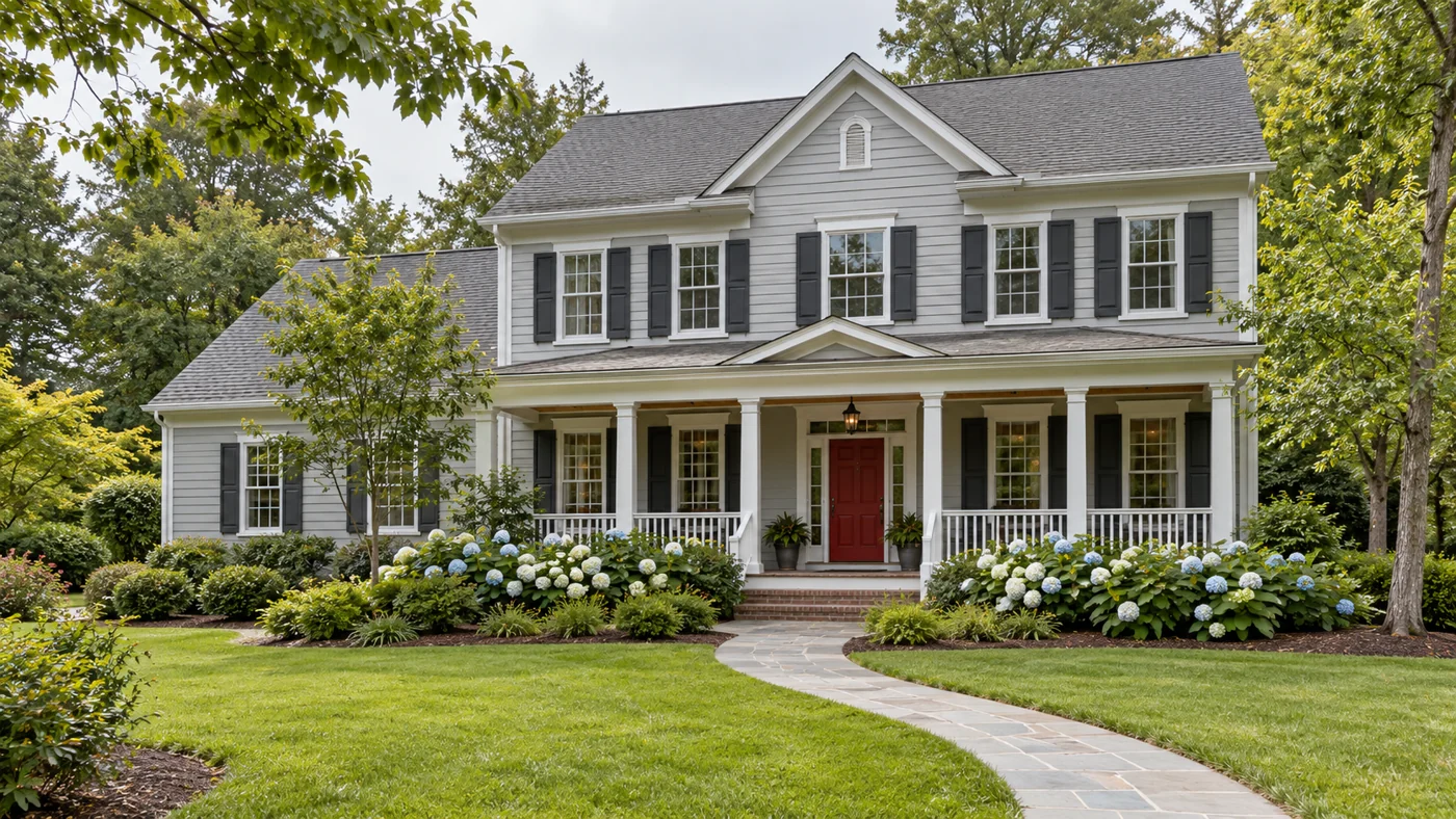 Gray clapboard home with a red front door and a landscaped walkway.