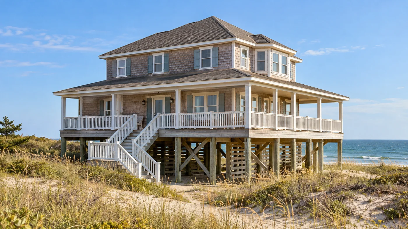Elevated cedar-shingle coastal home with a wraparound deck and native grasses.