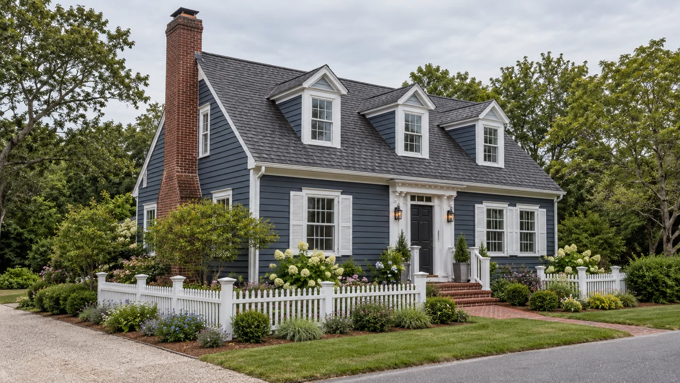 Blue Cape Cod-style home with white dormers and a cottage garden.