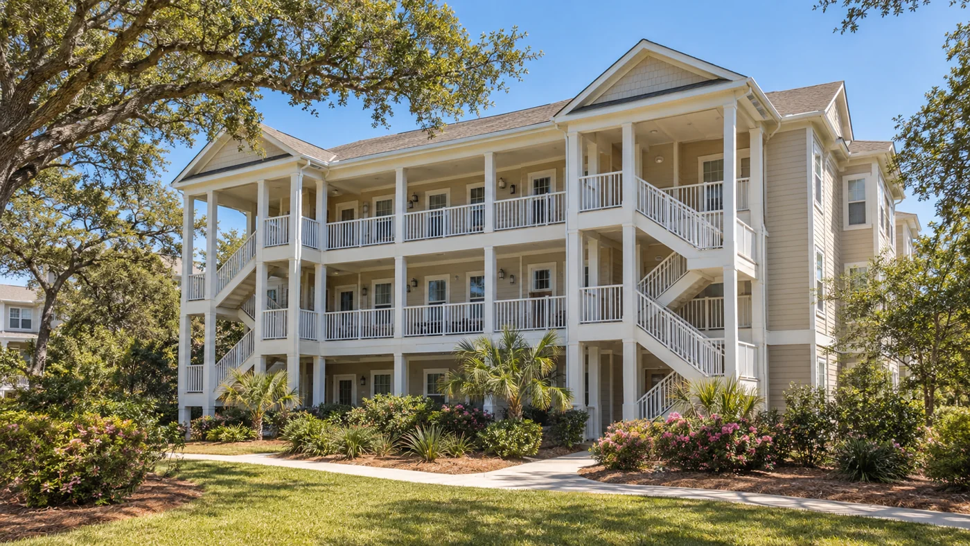 Low-rise condominium building with private balconies and live-oak landscaping.