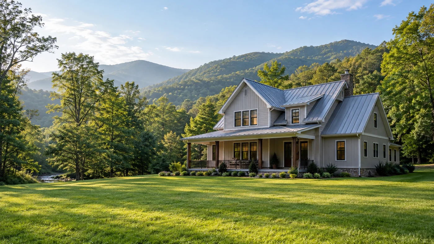 Mountain-valley home on a broad lawn near a small creek.