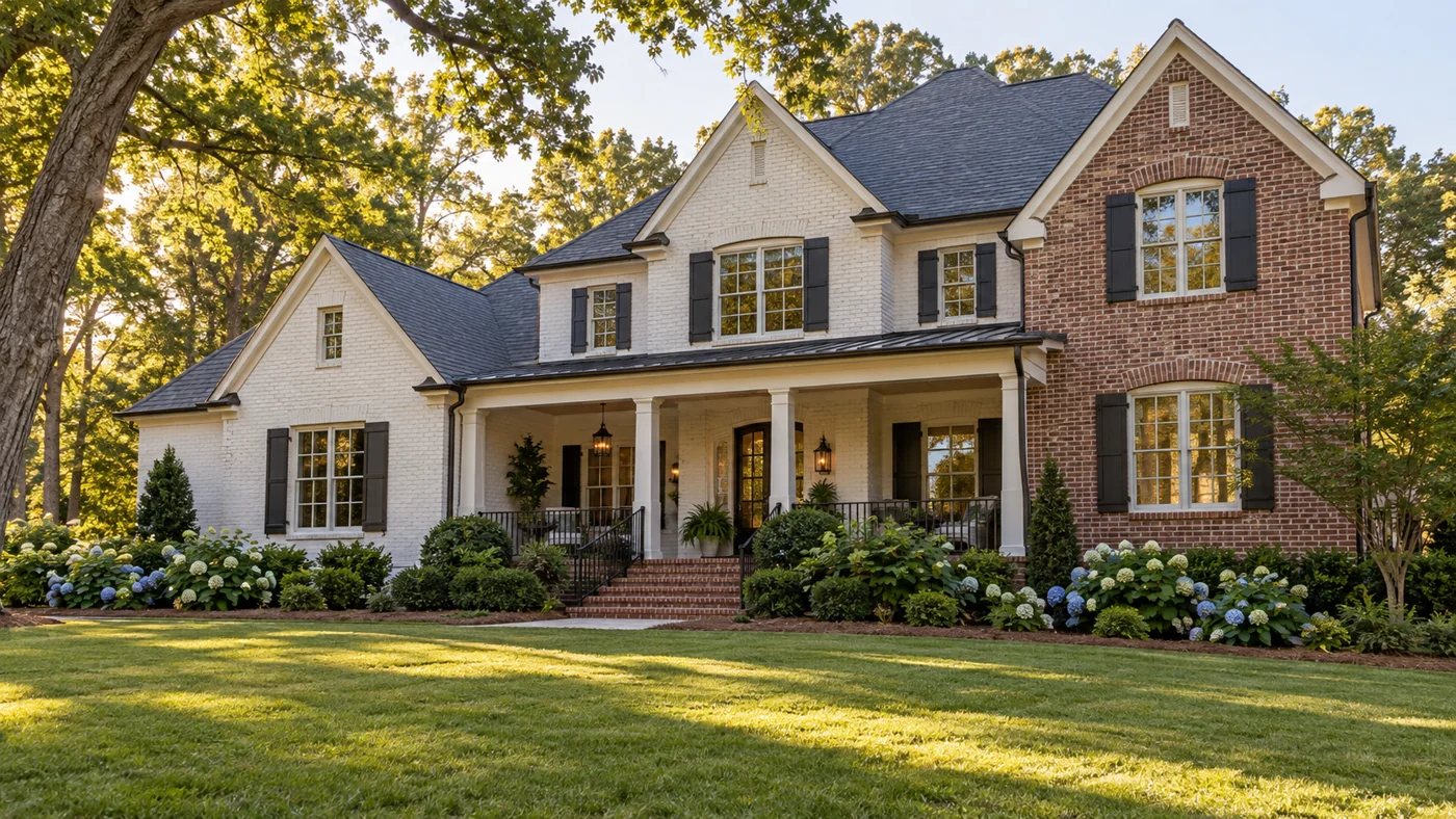 Photorealistic illustrative North Carolina home with a welcoming porch and mature landscaping