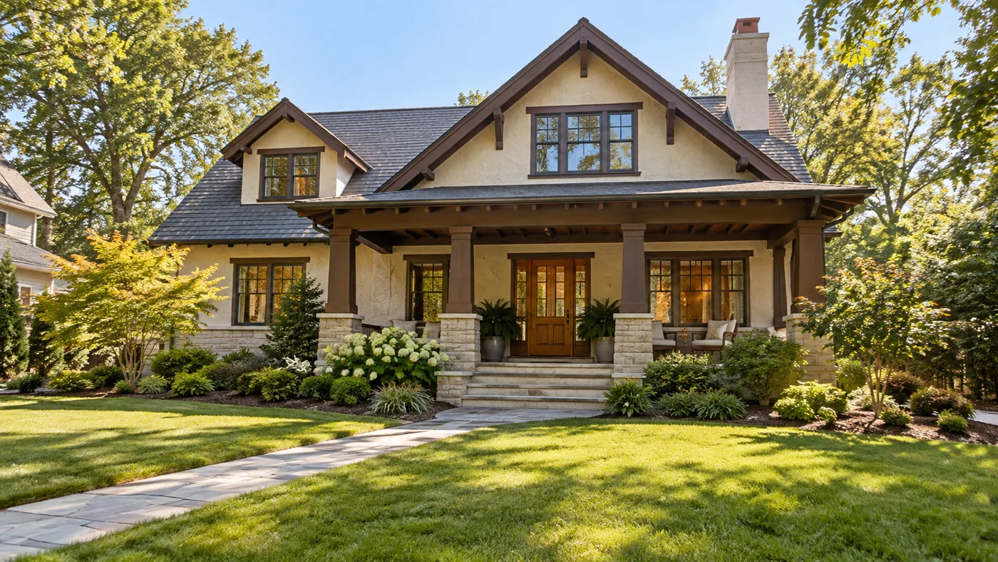 Well-maintained Arts and Crafts home with a clean exterior and planted front garden.