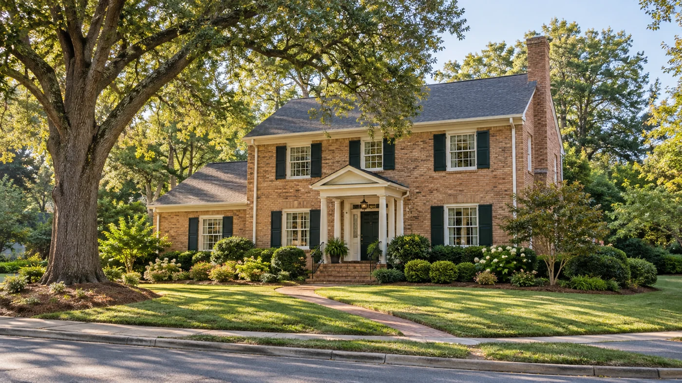 Honey-brick family home with green shutters and a shaded garden path.