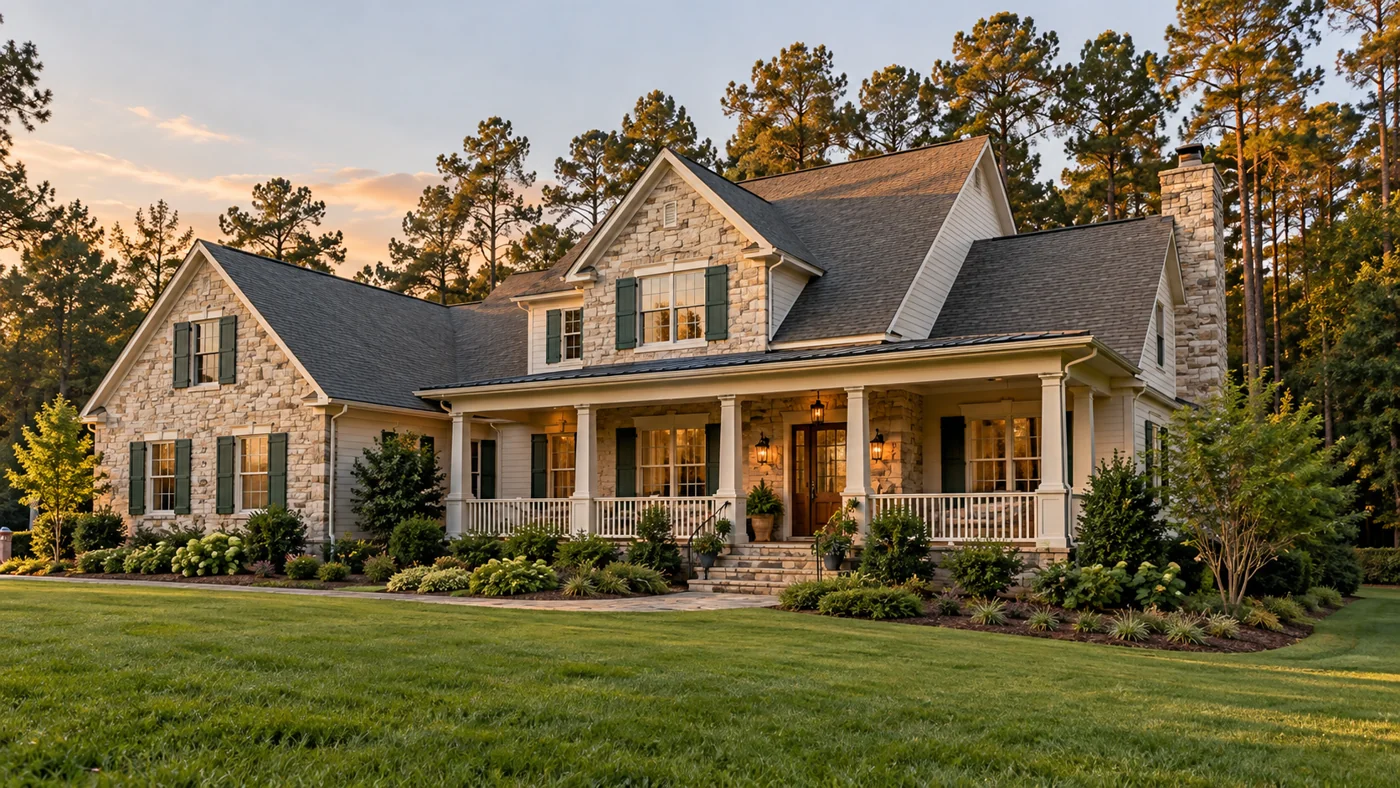 Traditional stone and siding home with a broad porch and pine trees.