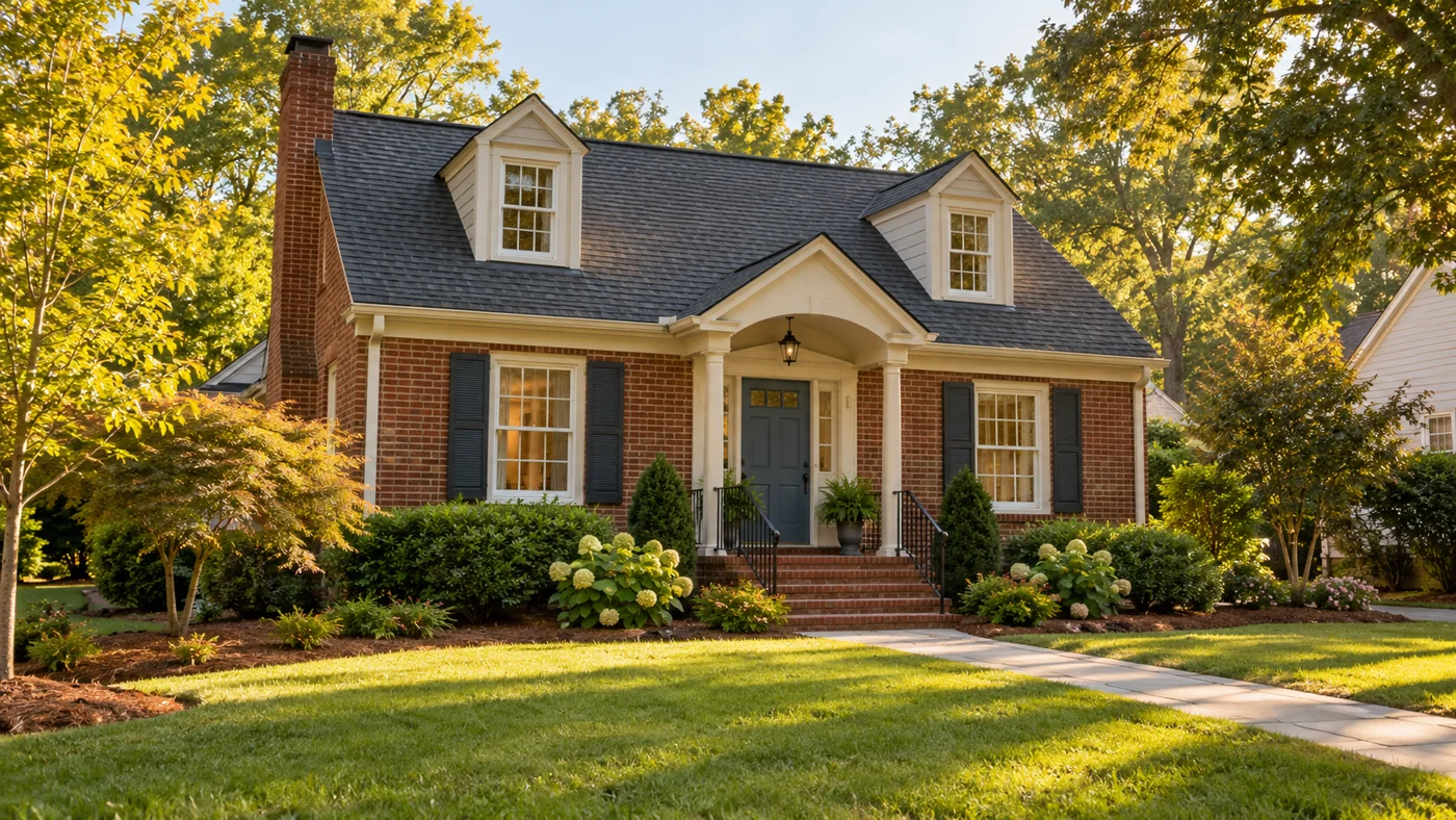 Small brick cottage with dormer windows, a blue door, and a tidy front garden.