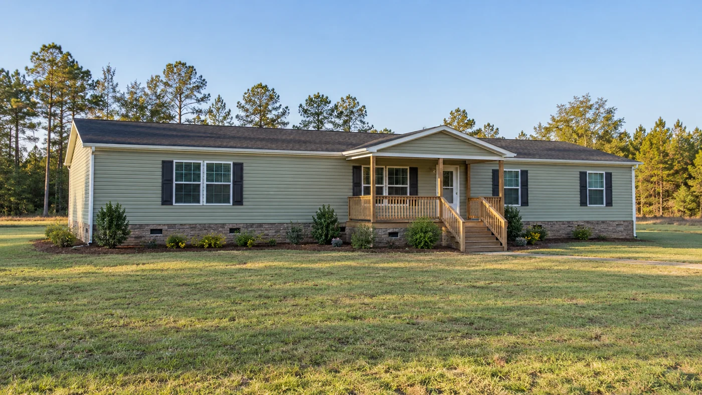 Sage-green manufactured home with a modest porch and a neat rural yard.