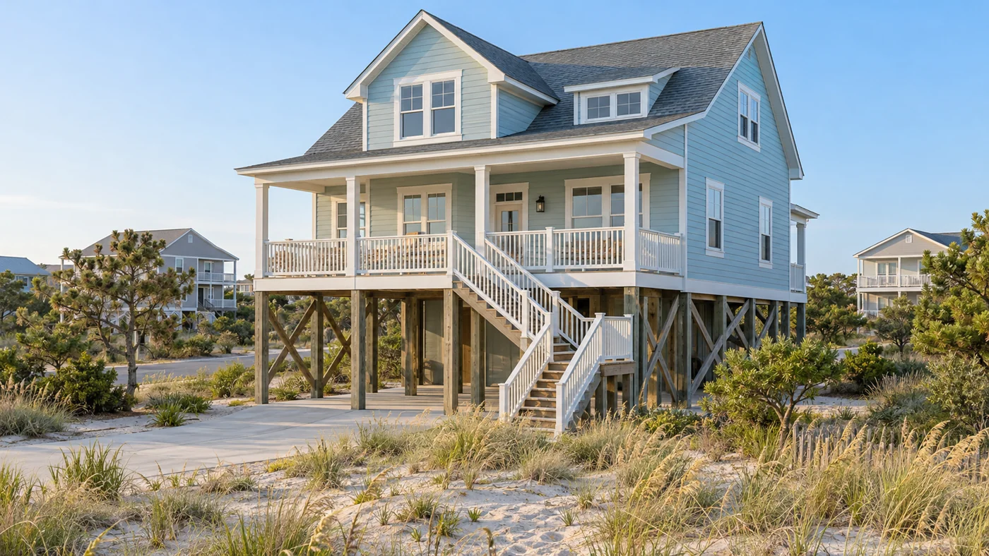 Elevated pale-blue coastal home with a staircase and native grasses.