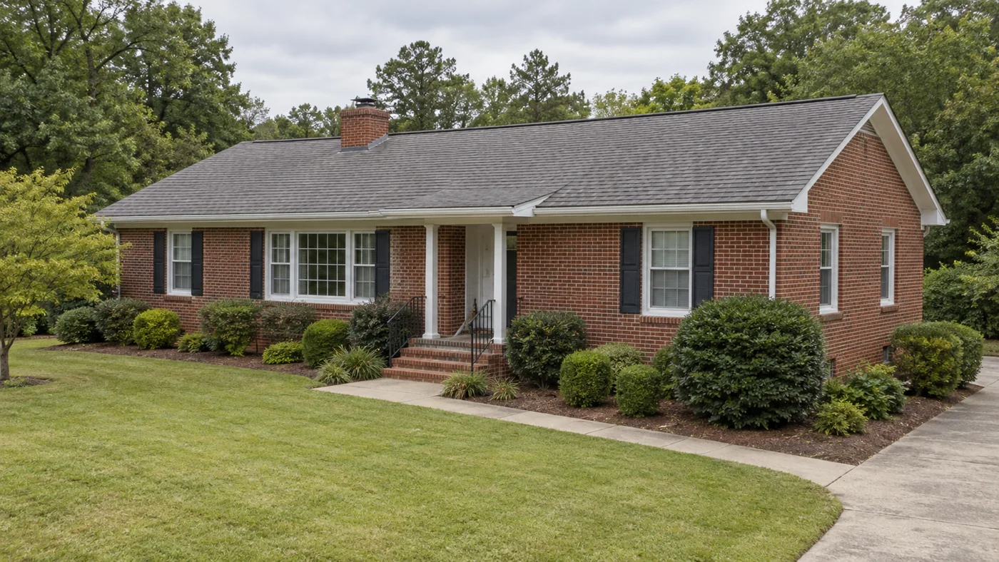 Older brick ranch with an intact weathered shingle roof and white gutters.