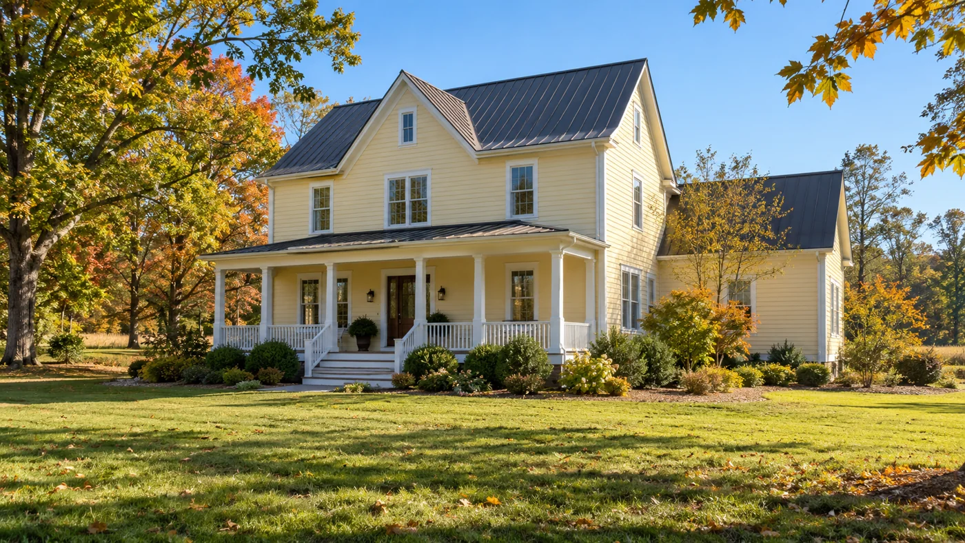 Pale-yellow farmhouse with a broad porch and early autumn trees.