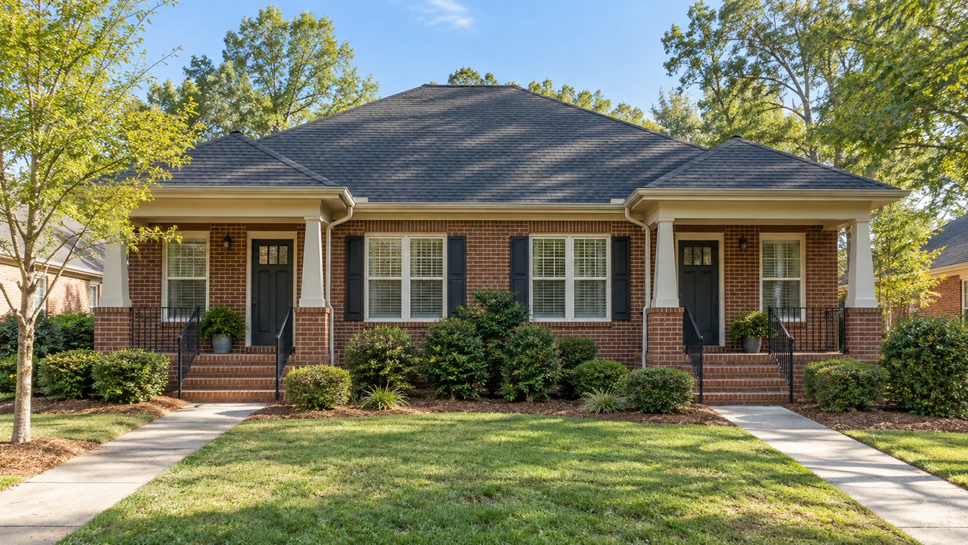Brick duplex with separate entrances and landscaped front paths.