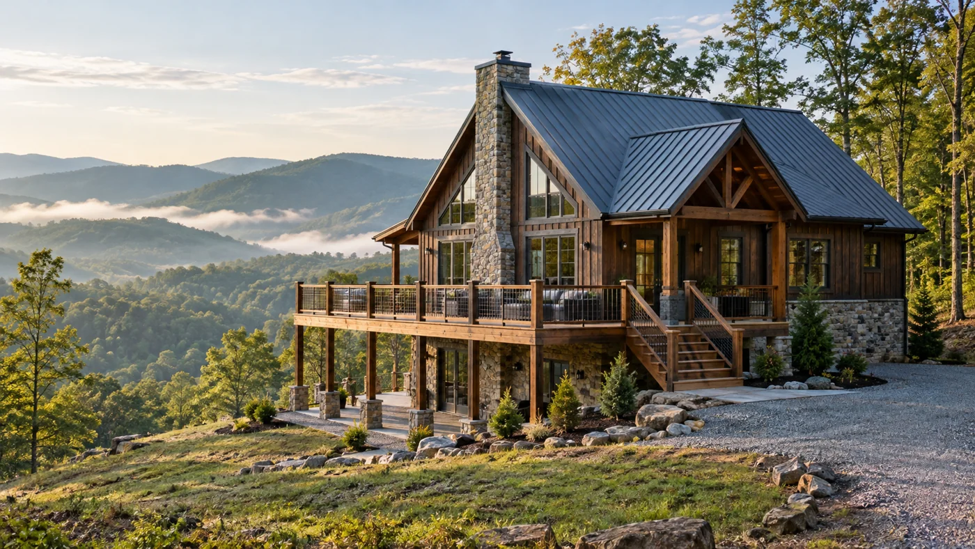 Timber mountain cabin with a broad deck and distant wooded ridges.