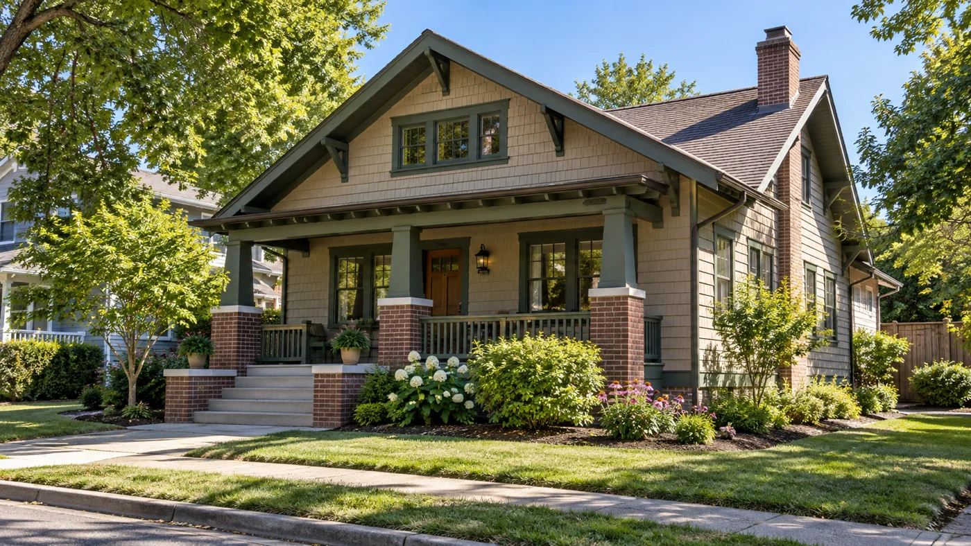 Craftsman bungalow with brick porch piers and a small landscaped yard.