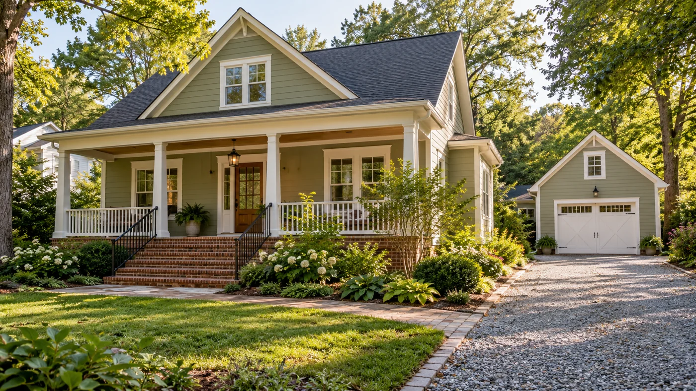 Olive-sided home and separate garage on a landscaped residential lot.