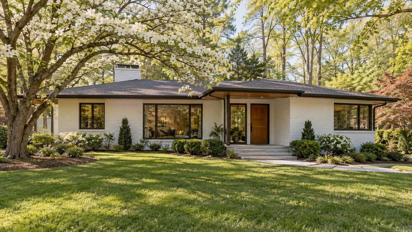 White-painted brick home with a wood front door and a mature dogwood tree.