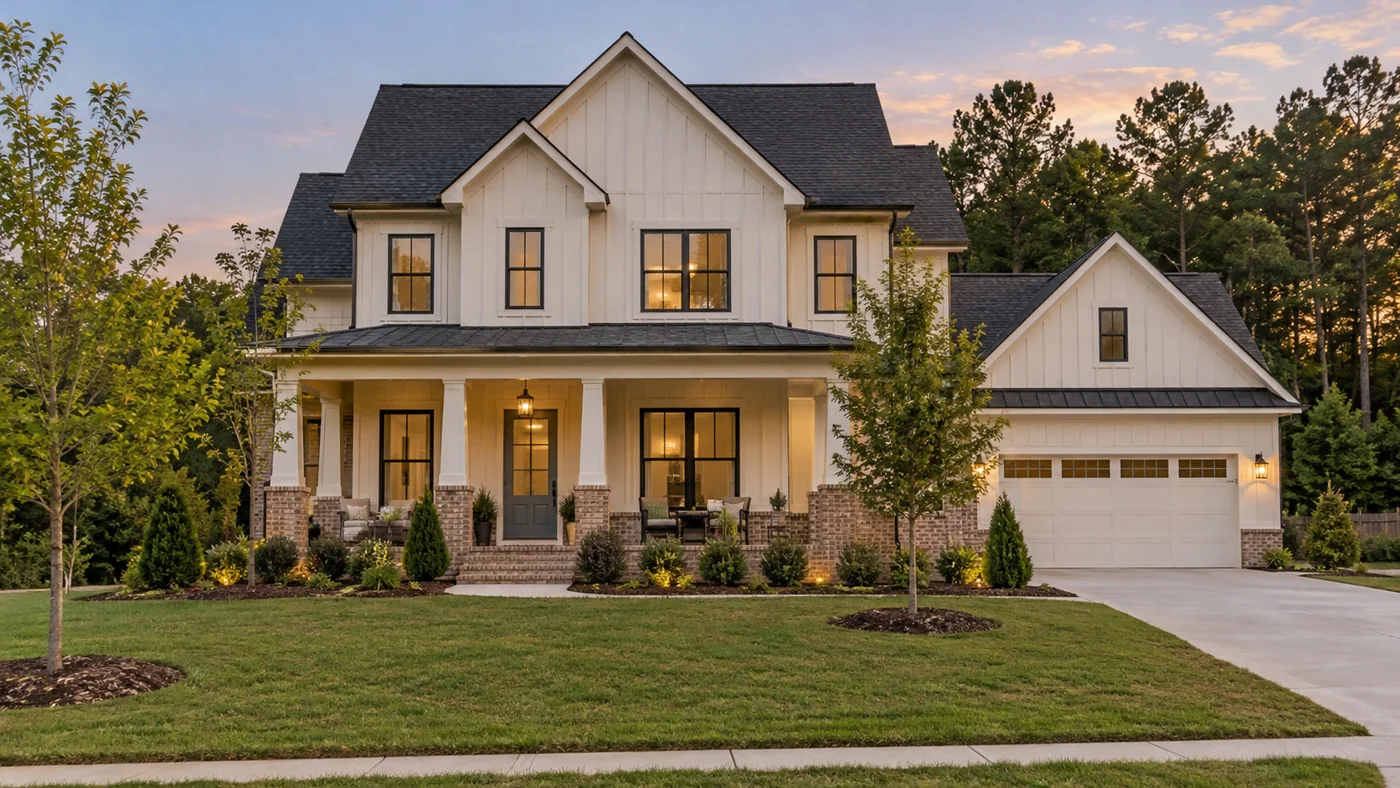 Cream-sided suburban home with brick accents and a broad front porch.
