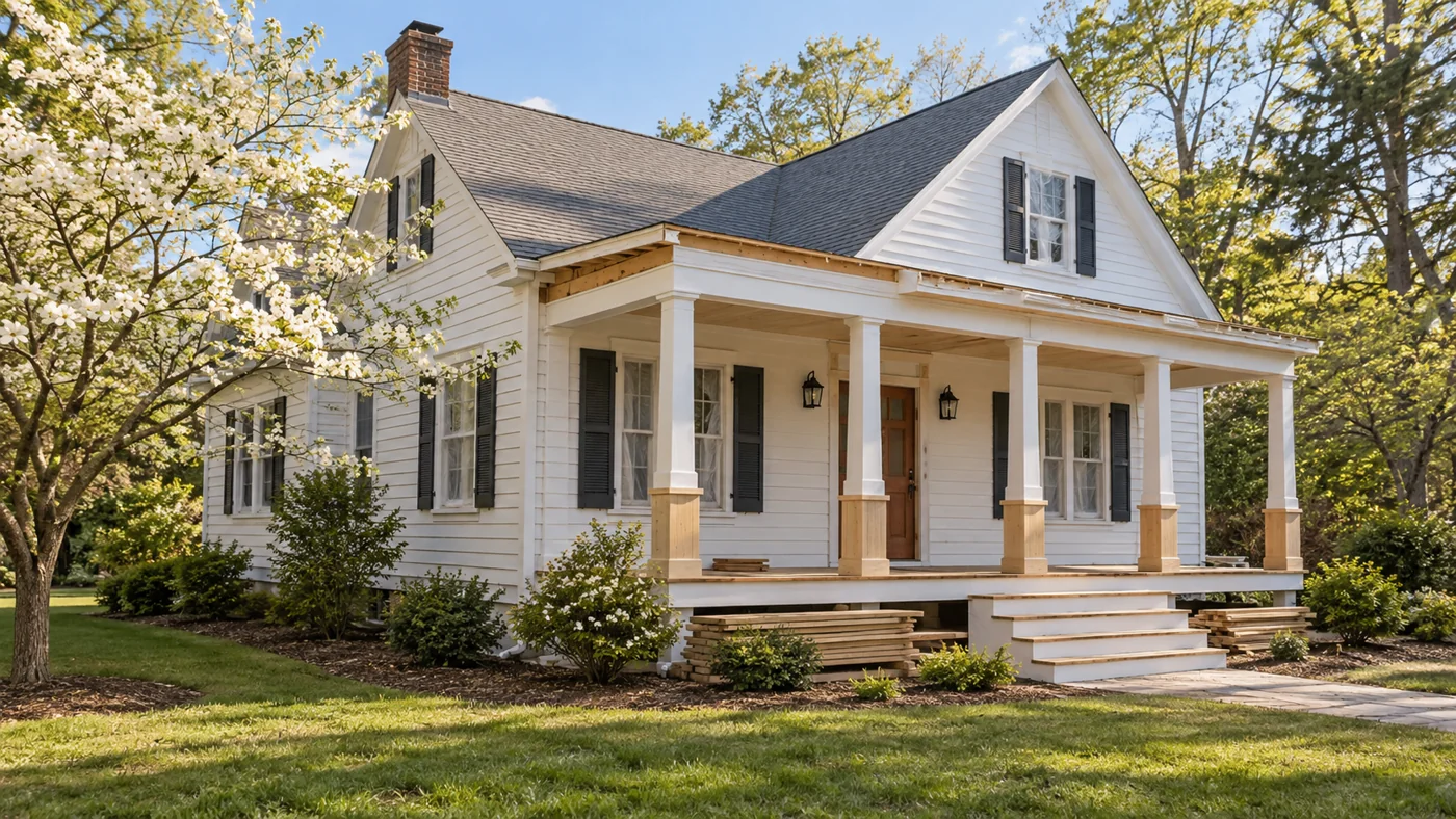 White cottage with an orderly porch renovation and a small stack of building materials.
