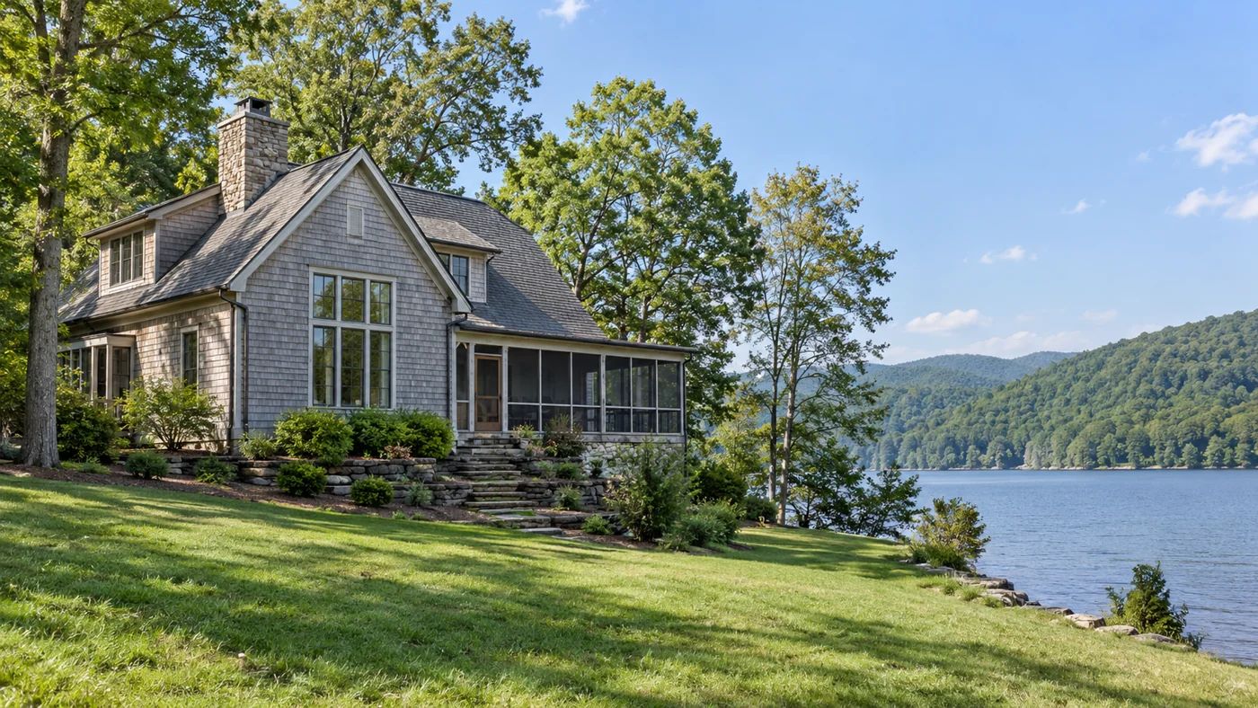 Cedar-shingle vacation home beside a calm wooded lake.