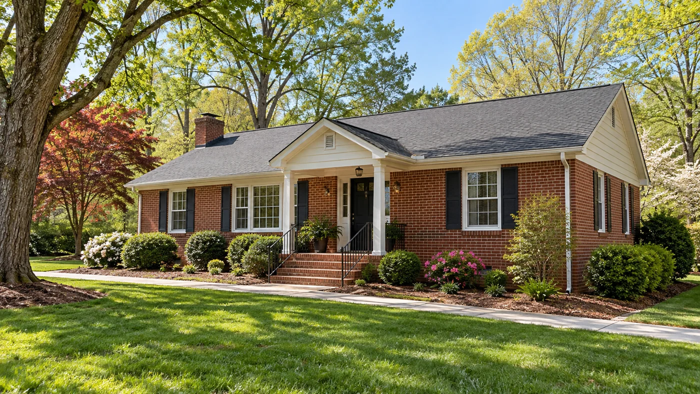 Red-brick ranch home with a covered entry and mature trees.