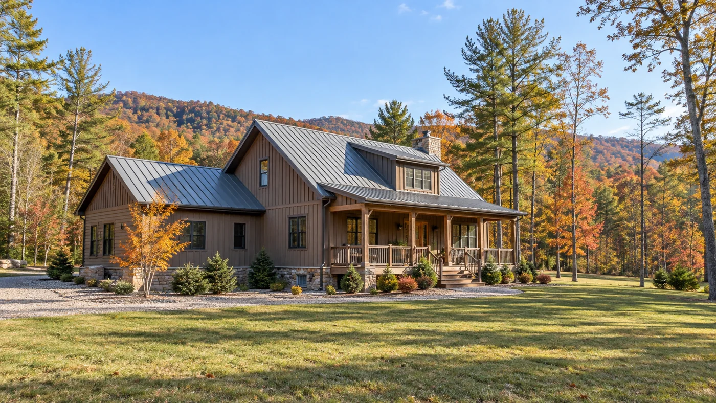Rural home with open lawn, gravel near the foundation, and trees set back from the house.