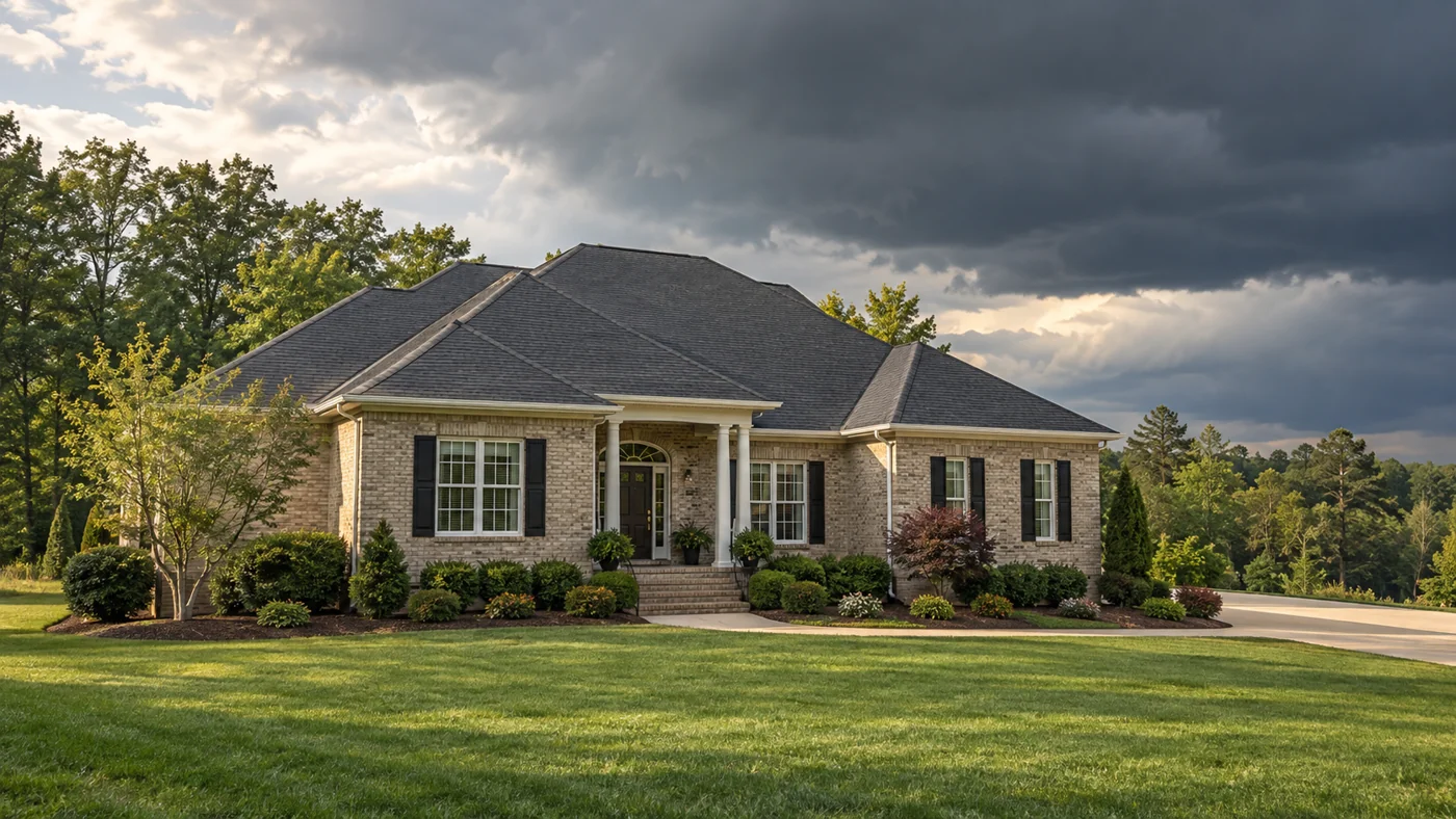 Tan-brick home with a hip roof beneath an approaching cloudy sky.